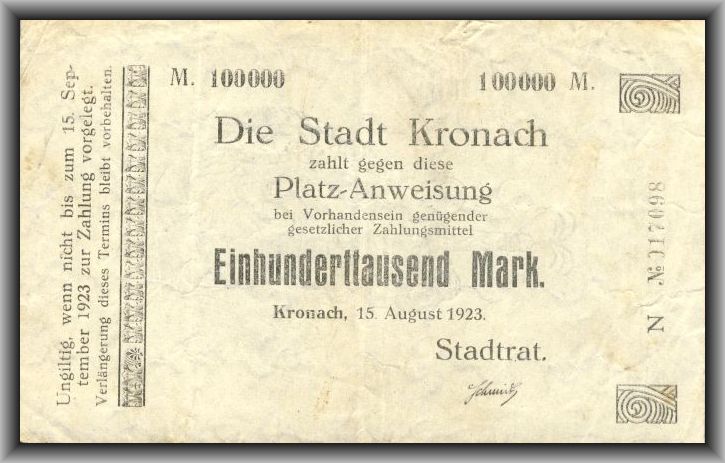 Notgeldschein: 100000 Mark der Stadt Kronach