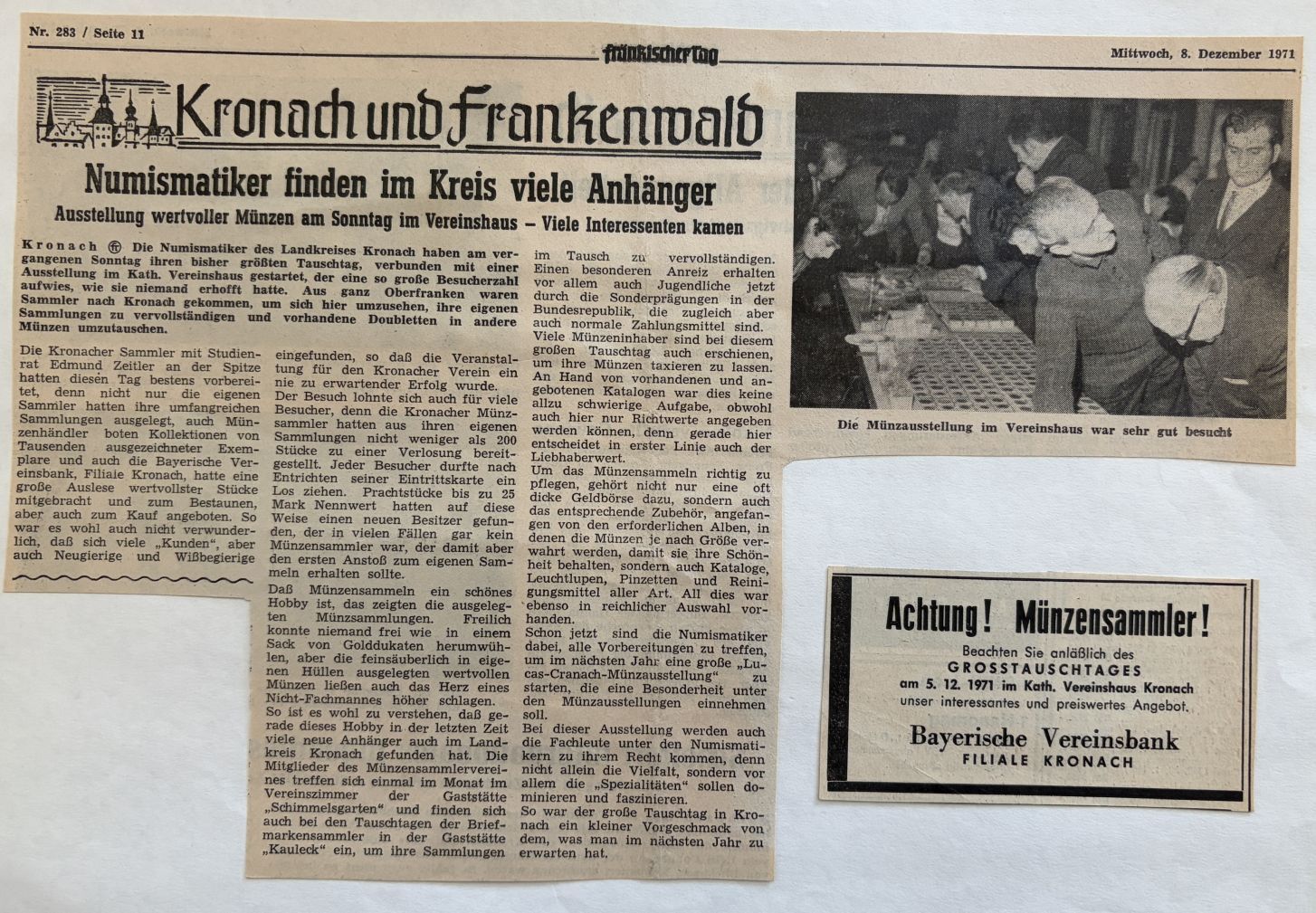 Zeitungsartikel über die 1. Münzbörse der Kronacher Münzfreunde 1971