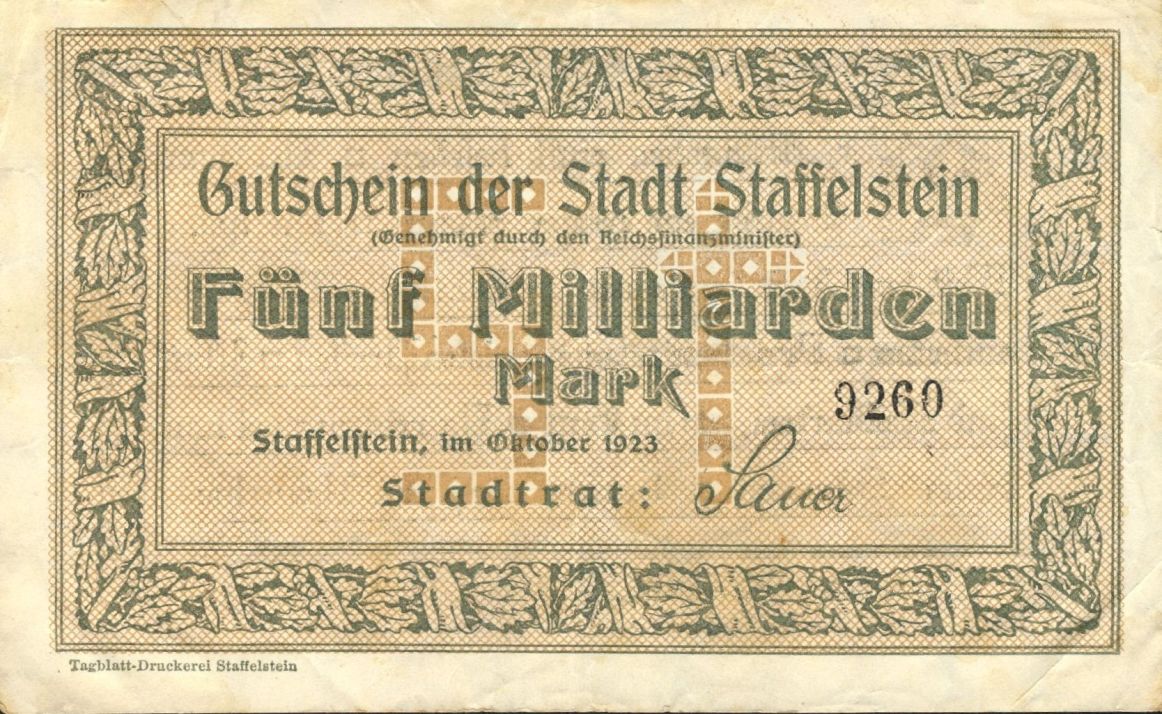 Notgeldschein: 5 Milliarden Mark der Stadt Staffelstein